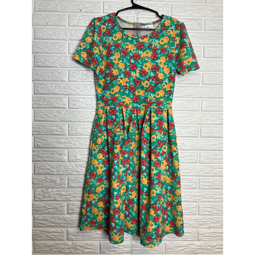 LuLaRoe amelia Dress Womens Medium Green Floral Excellent Short Sleeve Pleated
